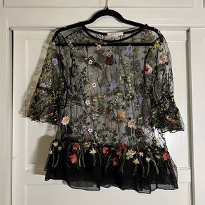 New with Tags! Nylon Apparel Mesh Black Embroidered Blouse